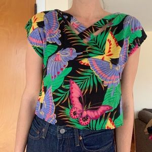 Vintage 90s Cropped Black Butterfly Rayon Shirt